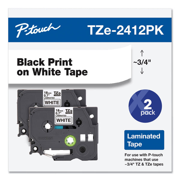 Brother TZe Standard Adhesive Laminated Labeling Tape, 0.7" x 26.2 ft, Black on White, 2/Pack (BRTTZE2412PK)