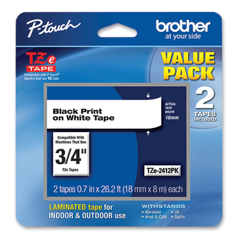 Brother TZe Standard Adhesive Laminated Labeling Tape, 0.7" x 26.2 ft, Black on White, 2/Pack (BRTTZE2412PK)