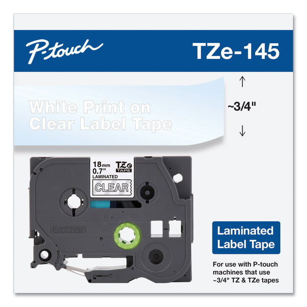 Brother TZe Standard Adhesive Laminated Labeling Tape, 0.7" x 26.2 ft, White on Clear (BRTTZE145)
