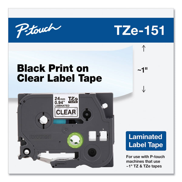 Brother TZe Standard Adhesive Laminated Labeling Tape, 0.94" x 26.2 ft, Black on Clear (BRTTZE151)