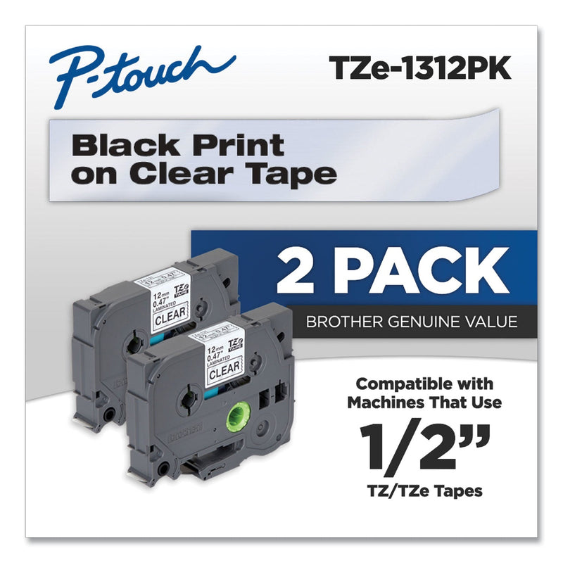 Brother TZe Standard Adhesive Laminated Labeling Tapes, 0.47" x 26.2 ft, Black on Clear, 2/Pack (BRTTZE1312PK)