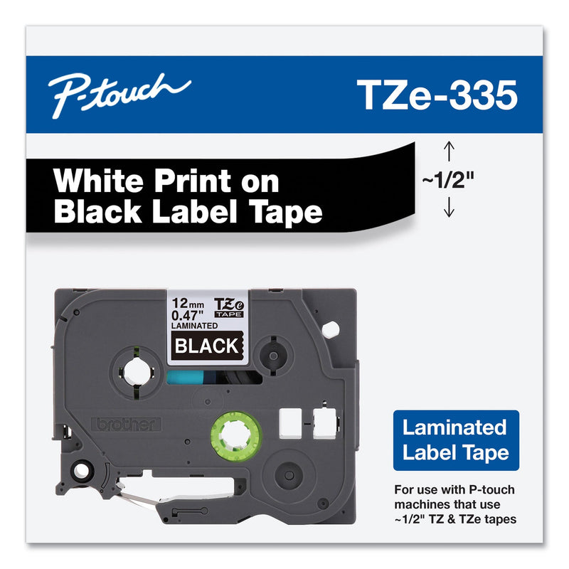 Brother TZe Standard Adhesive Laminated Labeling Tape, 0.47" x 26.2 ft, White on Black (BRTTZE335)