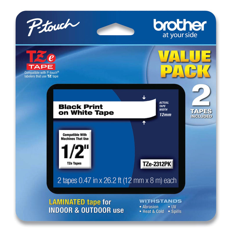 Brother TZe Standard Adhesive Laminated Labeling Tapes, 0.47" x 26.2 ft, Black on White, 2/Pack (BRTTZE2312PK)
