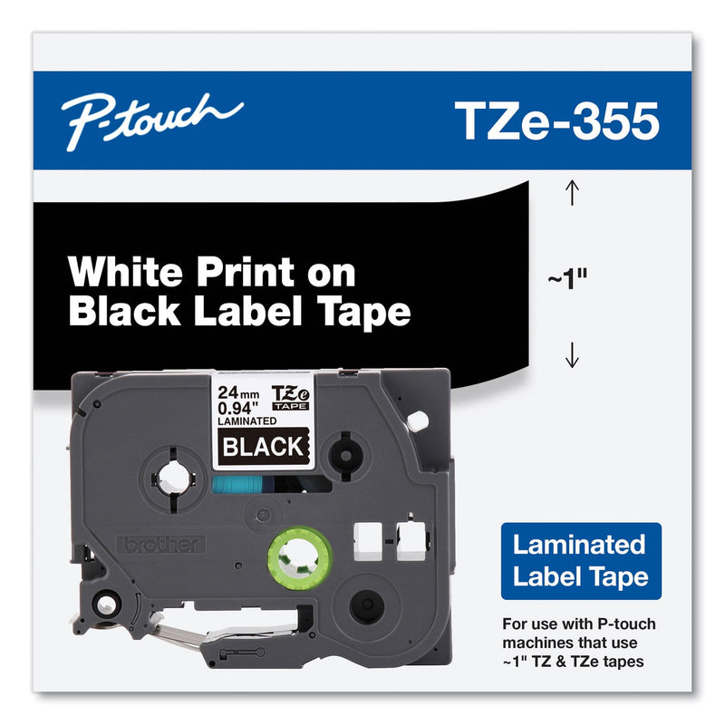 Brother TZe Standard Adhesive Laminated Labeling Tape, 0.94" x 26.2 ft, White on Black (BRTTZE355)