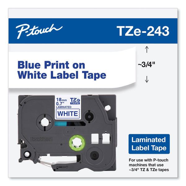 Brother TZe Standard Adhesive Laminated Labeling Tape, 0.7" x 26.2 ft, Blue on White (BRTTZE243)
