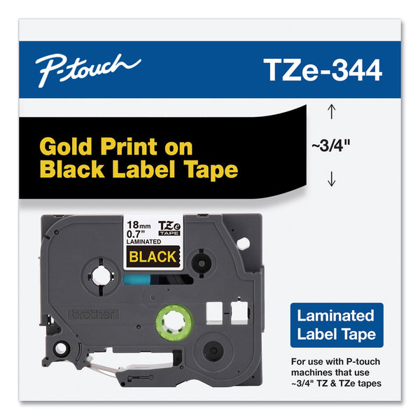 Brother TZe Standard Adhesive Laminated Labeling Tape, 0.7" x 26.2 ft, Gold on Black (BRTTZE344)