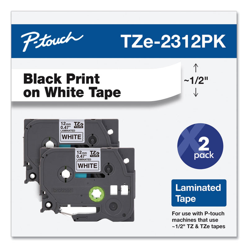 Brother TZe Standard Adhesive Laminated Labeling Tapes, 0.47" x 26.2 ft, Black on White, 2/Pack (BRTTZE2312PK)