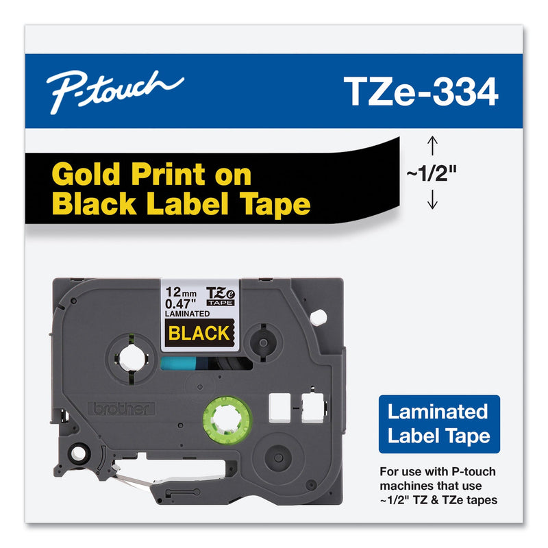 Brother TZe Standard Adhesive Laminated Labeling Tape, 0.47" x 26.2 ft, Gold on Black (BRTTZE334)