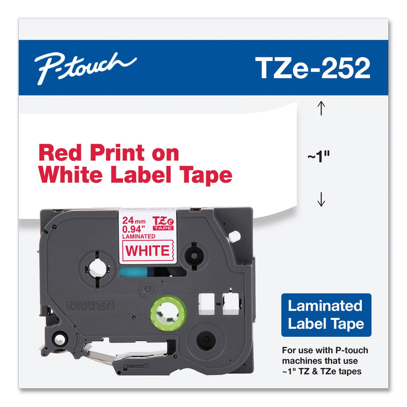 Brother TZe Standard Adhesive Laminated Labeling Tape, 0.94" x 26.2 ft, Red on White (BRTTZE252)