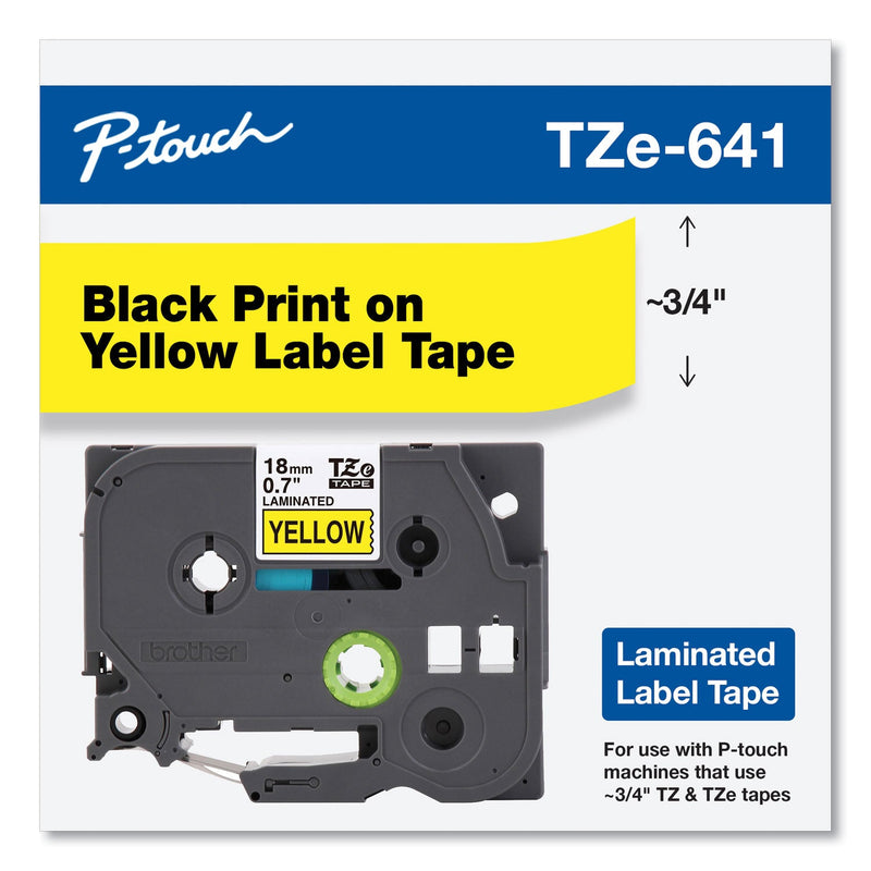 Brother TZe Standard Adhesive Laminated Labeling Tape, 0.7" x 26.2 ft, Black on Yellow (BRTTZE641)