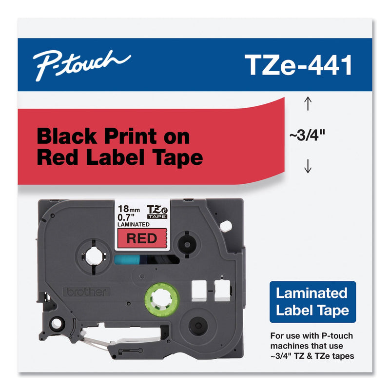 Brother TZe Standard Adhesive Laminated Labeling Tape, 0.7" x 26.2 ft, Black on Red (BRTTZE441)