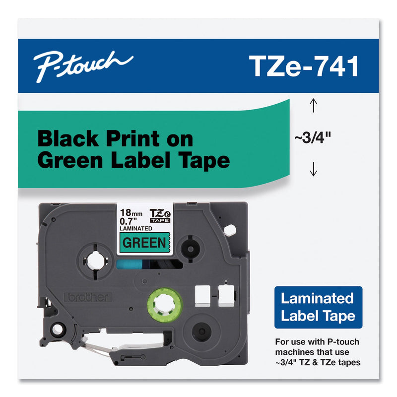 Brother TZe Standard Adhesive Laminated Labeling Tape, 0.7" x 26.2 ft, Black on Green (BRTTZE741)