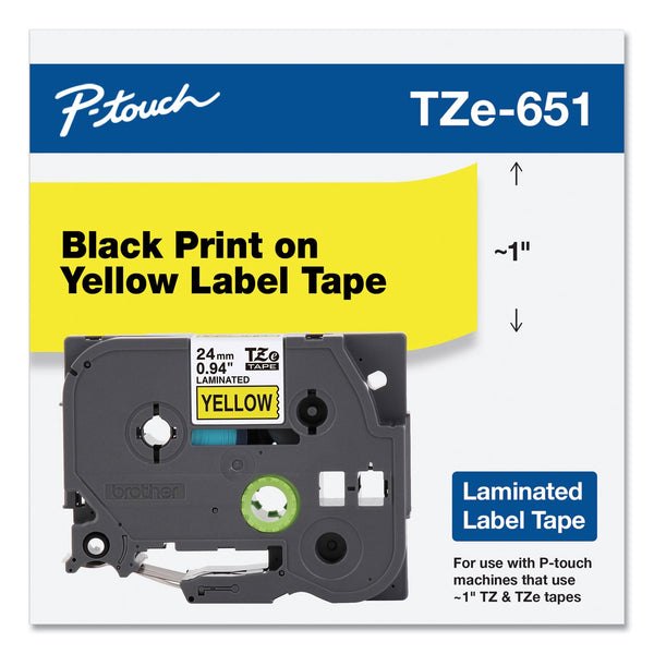 Brother TZe Standard Adhesive Laminated Labeling Tape, 0.94" x 26.2 ft, Black on Yellow (BRTTZE651)