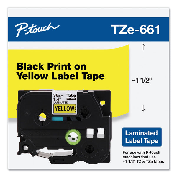 Brother TZe Standard Adhesive Laminated Labeling Tape, 1.4" x 26.2 ft, Black on Yellow (BRTTZE661)