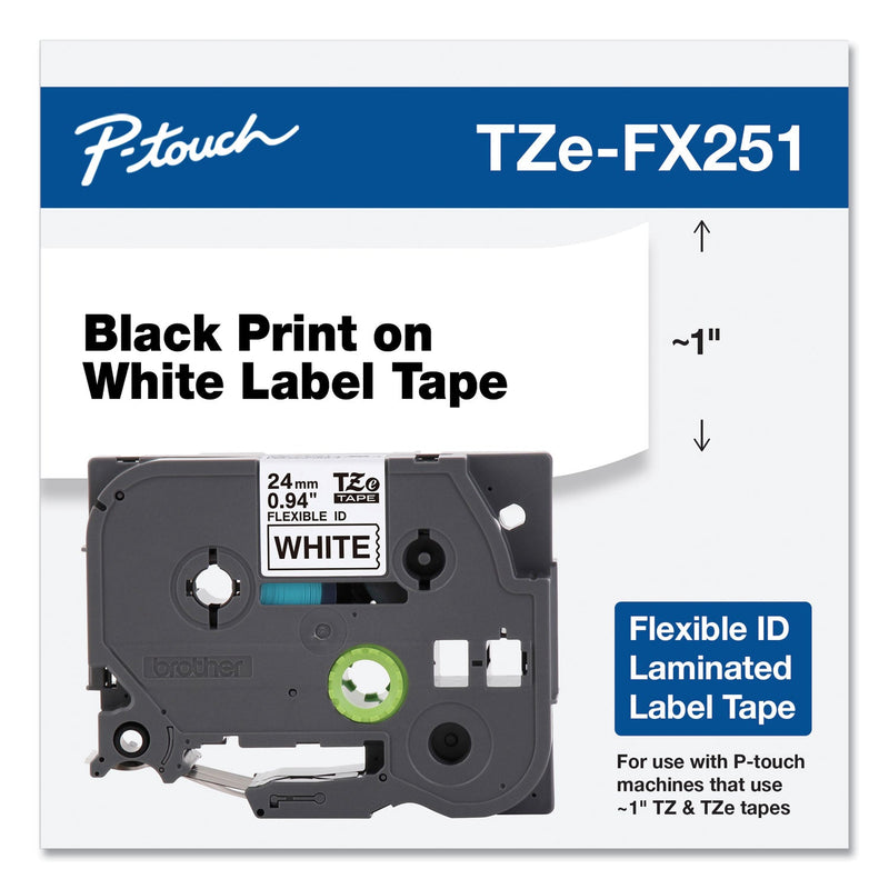 Brother TZe Flexible Tape Cartridge for P-Touch Labelers, 0.94" x 26.2 ft, Black on White (BRTTZEFX251)