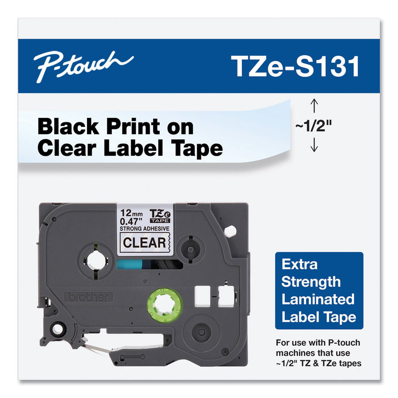 Brother TZe Extra-Strength Adhesive Laminated Labeling Tape, 0.47" x 26.2 ft, Black on Clear (BRTTZES131)