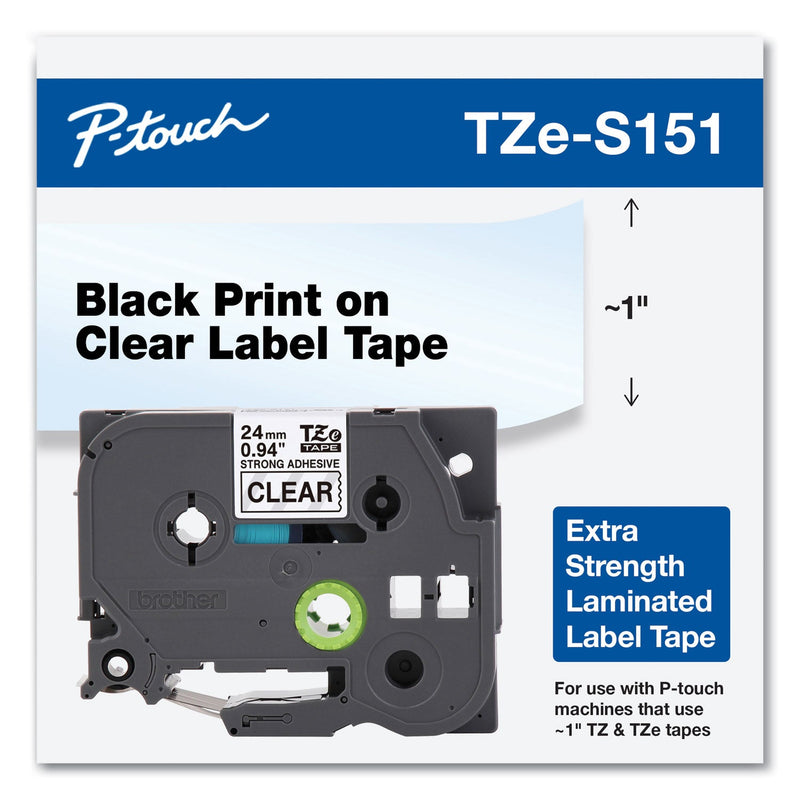 Brother TZe Extra-Strength Adhesive Laminated Labeling Tape, 0.94" x 26.2 ft, Black on Clear (BRTTZES151)