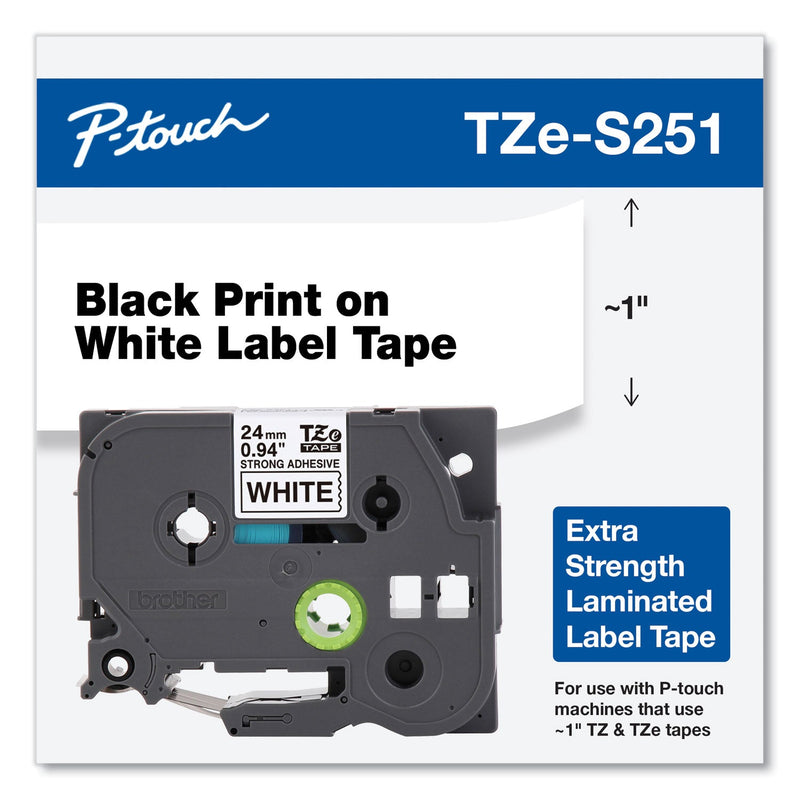 Brother TZe Extra-Strength Adhesive Laminated Labeling Tape, 0.94" x 26.2 ft, Black on White (BRTTZES251)