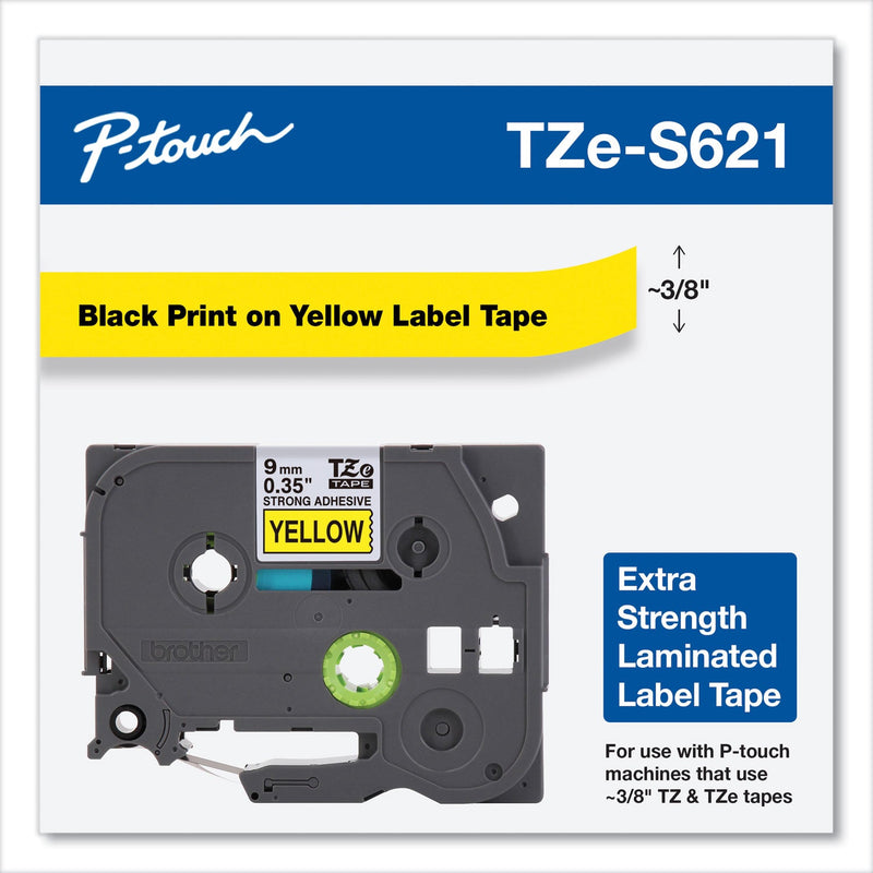 Brother TZe Extra-Strength Adhesive Laminated Labeling Tape, 0.35" x 26.2 ft, Black on Yellow (BRTTZES621)