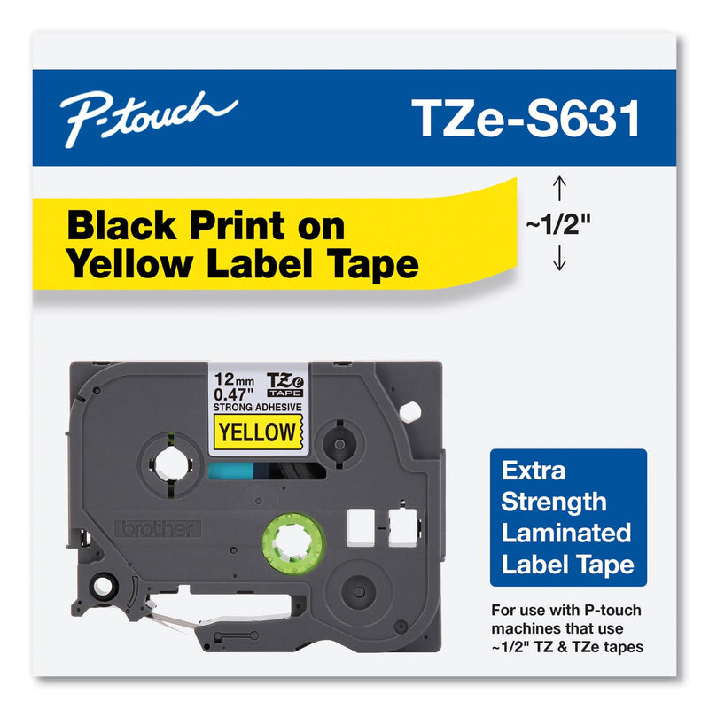 Brother TZe Extra-Strength Adhesive Laminated Labeling Tape, 0.47" x 26.2 ft, Black on Yellow (BRTTZES631)