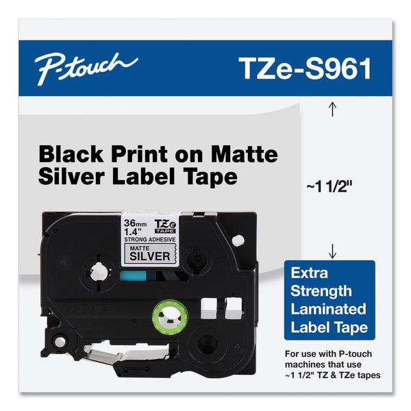 Brother TZ Extra-Strength Adhesive Laminated Labeling Tape, 1.4" x 26.2 ft, Black on Matte Silver (BRTTZS961)