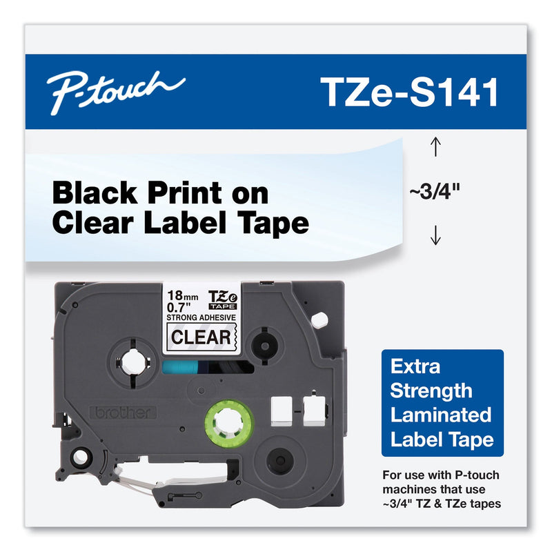 Brother TZe Extra-Strength Adhesive Laminated Labeling Tape, 0.7" x 26.2 ft, Black on Clear (BRTTZES141)
