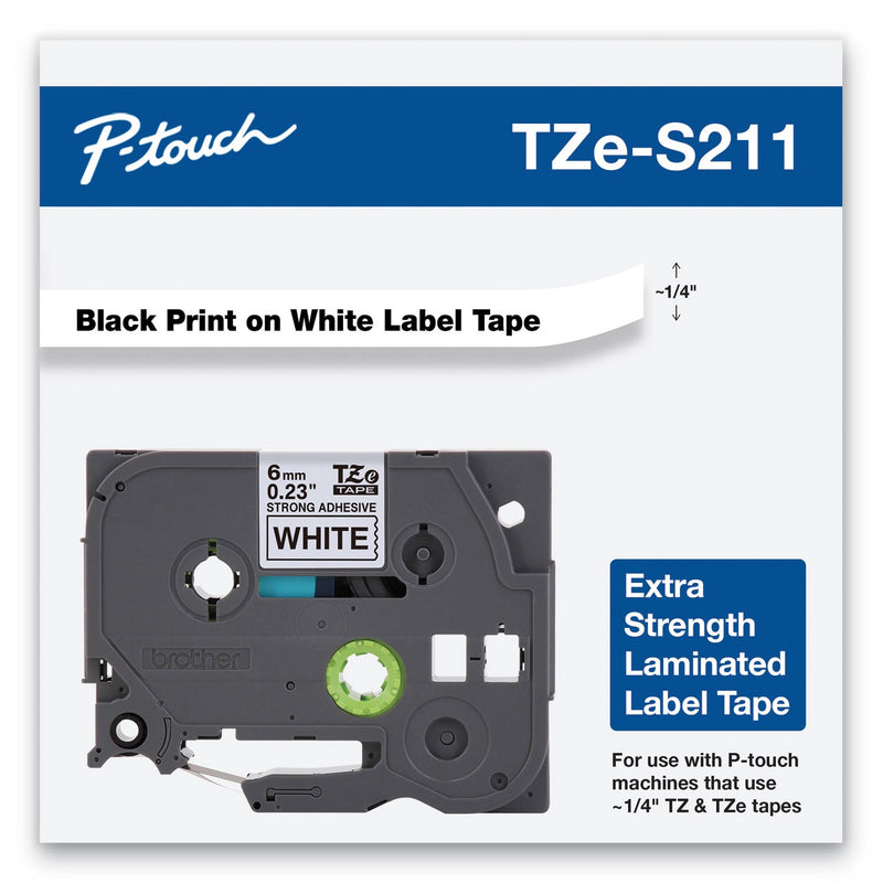 Brother TZe Extra-Strength Adhesive Laminated Labeling Tape, 0.23" x 26.2 ft, Black on White (BRTTZES211)