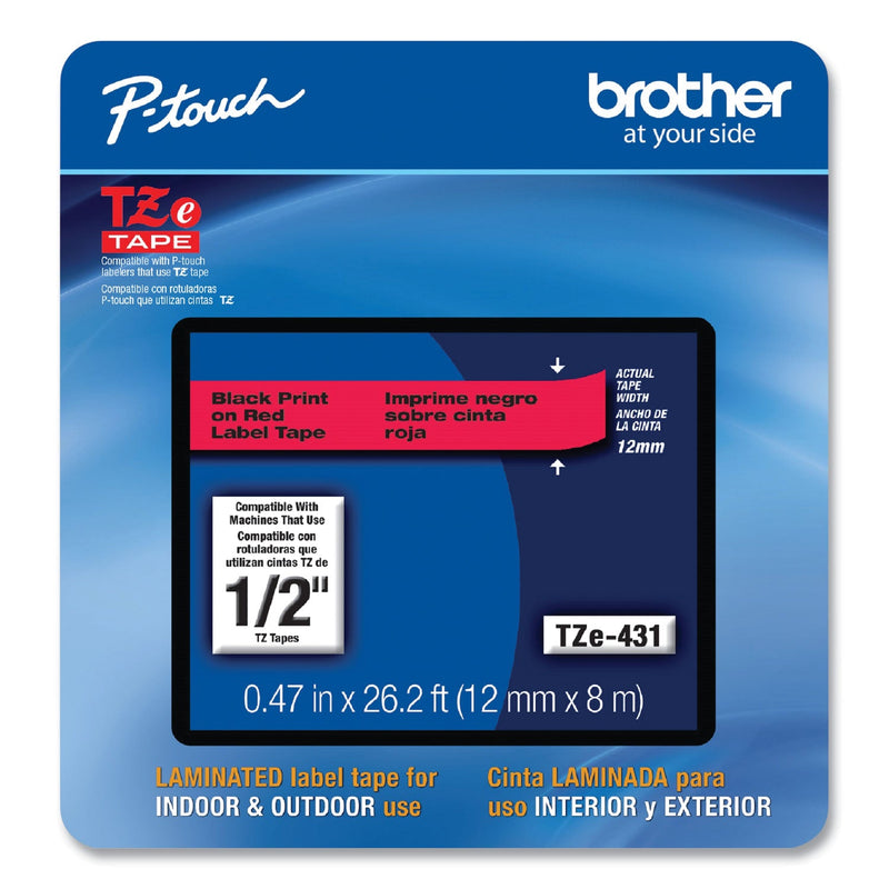 Brother TZe Laminated Removable Label Tapes, 0.47" x 26.2 ft, Black on Red (BRTTZE431CS)