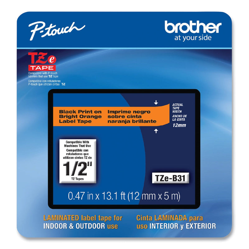 Brother TZe Laminated Removable Label Tapes, 0.47" x 26.2 ft, Black on Orange (BRTTZEB31CS)