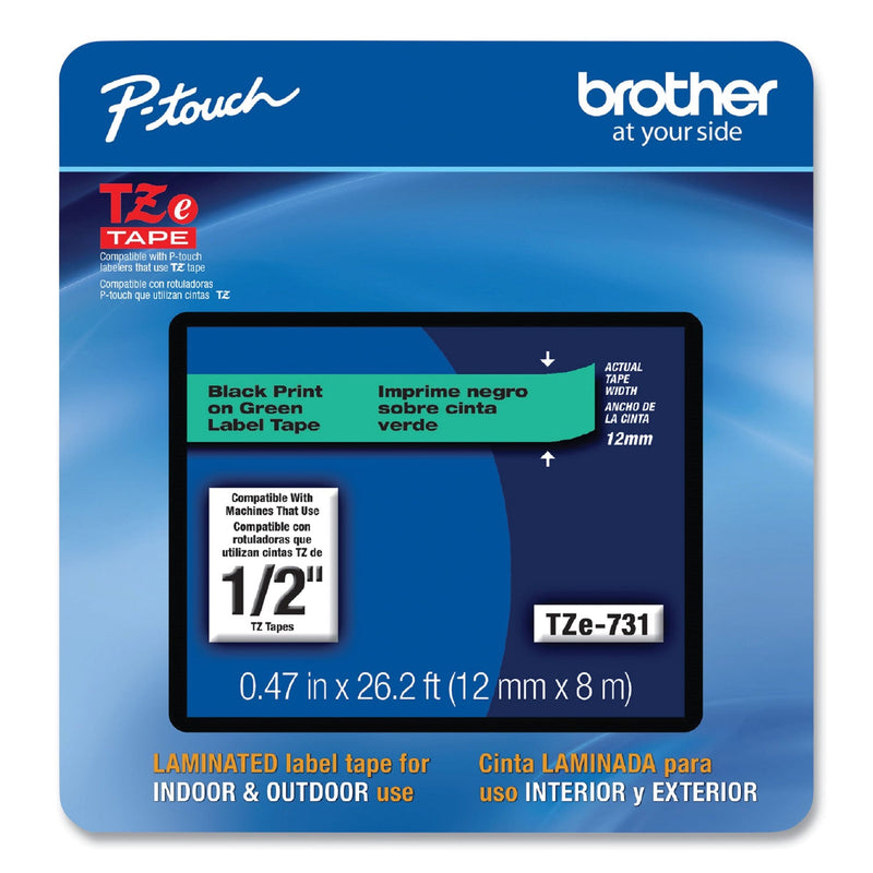 Brother TZe Laminated Removable Label Tapes, 0.47" x 26.2 ft, Black on Green (BRTTZE731CS)