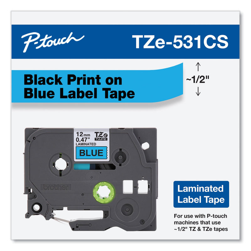 Brother TZe Laminated Removable Label Tapes, 0.47" x 26.2 ft, Black on Blue (BRTTZE531CS)