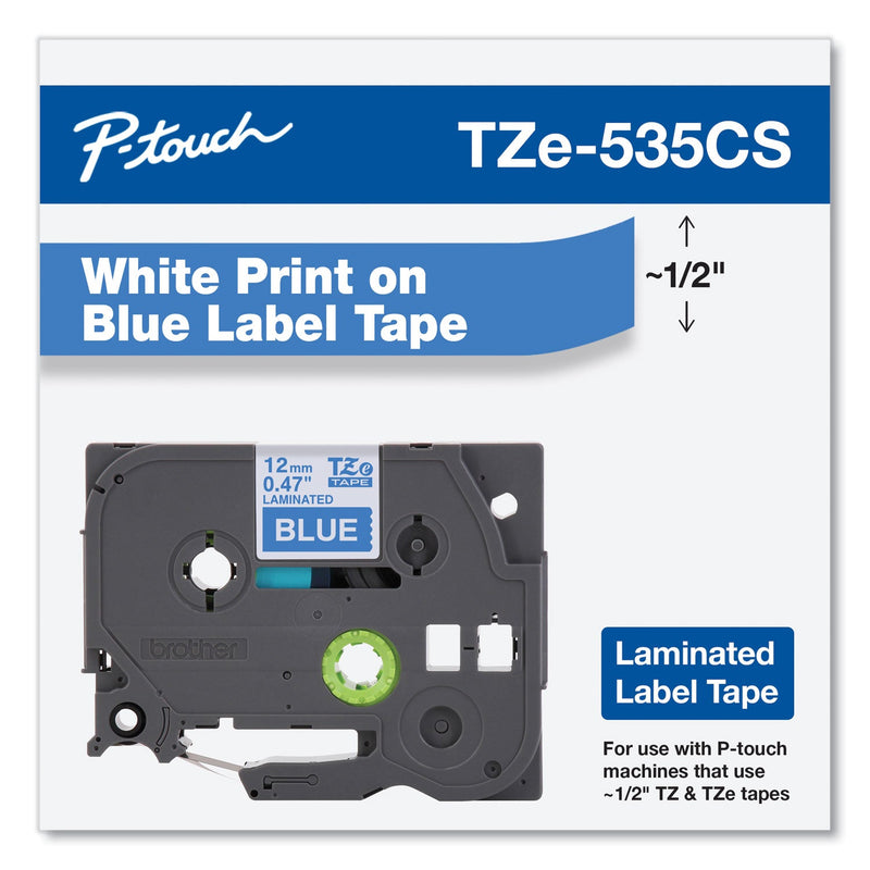 Brother TZe Laminated Removable Label Tapes, 0.47" x 26.2 ft, White on Blue (BRTTZE535CS)