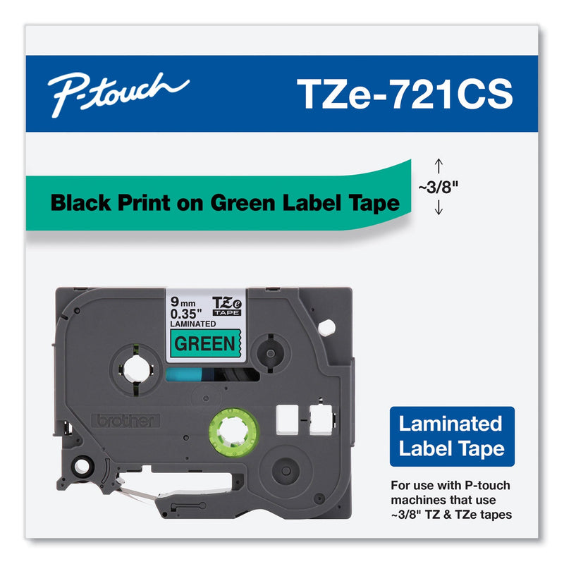 Brother TZe Laminated Removable Label Tapes, 0.35" x 26.2 ft, Black on Green (BRTTZE721CS)