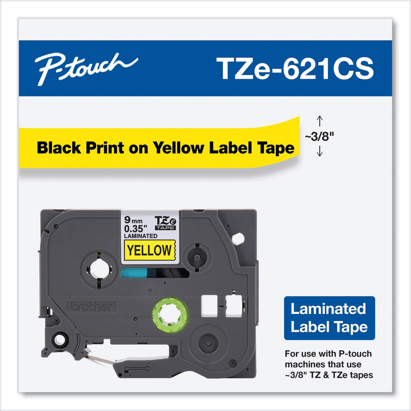 Brother TZe Laminated Removable Label Tapes, 0.35" x 26.2 ft, Black on Yellow (BRTTZE621CS)