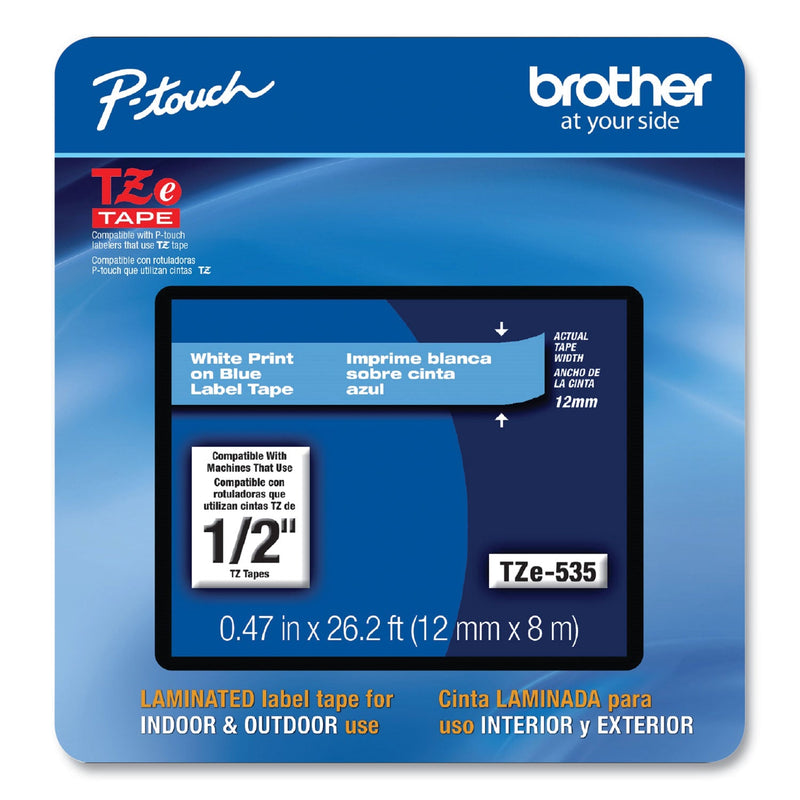 Brother TZe Laminated Removable Label Tapes, 0.47" x 26.2 ft, White on Blue (BRTTZE535CS)