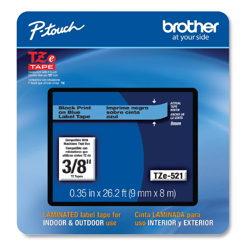 Brother TZe Laminated Removable Label Tapes, 0.35" x 26.2 ft, Black on Blue (BRTTZE521CS)
