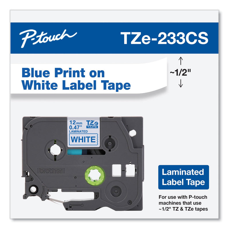 Brother TZe Laminated Removable Label Tapes, 0.47" x 26.2 ft, Blue on White (BRTTZE233CS)