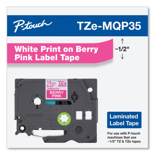 Brother TZ Standard Adhesive Laminated Labeling Tape, 0.47" x 16.4 ft, White/Berry Pink (BRTTZEMQP35)