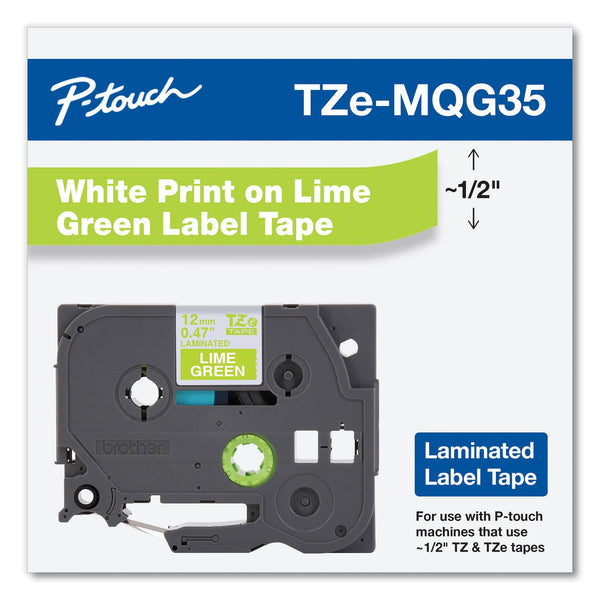 Brother TZ Standard Adhesive Laminated Labeling Tape, 0.47" x 16.4 ft, White/Lime Green (BRTTZEMQG35)