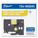 Brother TZ Standard Adhesive Laminated Labeling Tape, 0.47" x 16.4 ft, White/Satin Gold (BRTTZEMQ835)