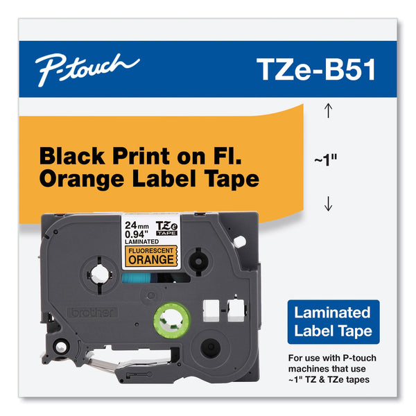 Brother TZ Standard Adhesive Laminated Labeling Tape, 1" x 16.4 ft, Black on Fluorescent Orange (407967)