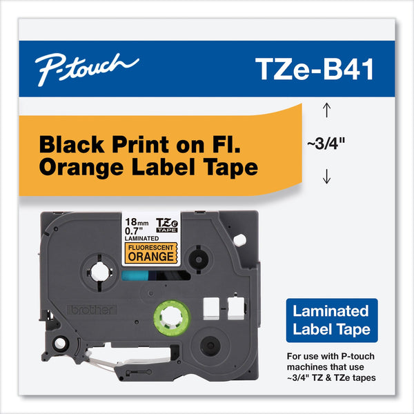 Brother TZ Standard Adhesive Laminated Labeling Tape, 0.7" x 16.4 ft, Black on Fluorescent Orange (BRTTZEB41)