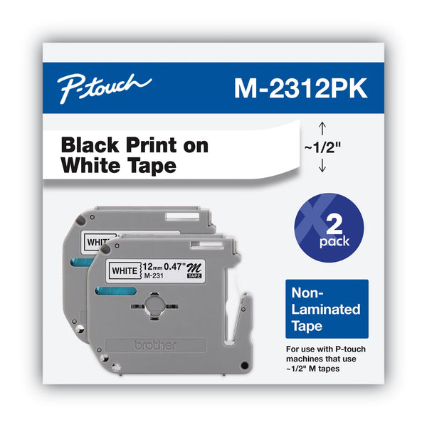 Brother M Series Tape Cartridges for P-Touch Labelers, 0.47" x 26.2 ft, Black on White, 2/Pack (BRTM2312PK)