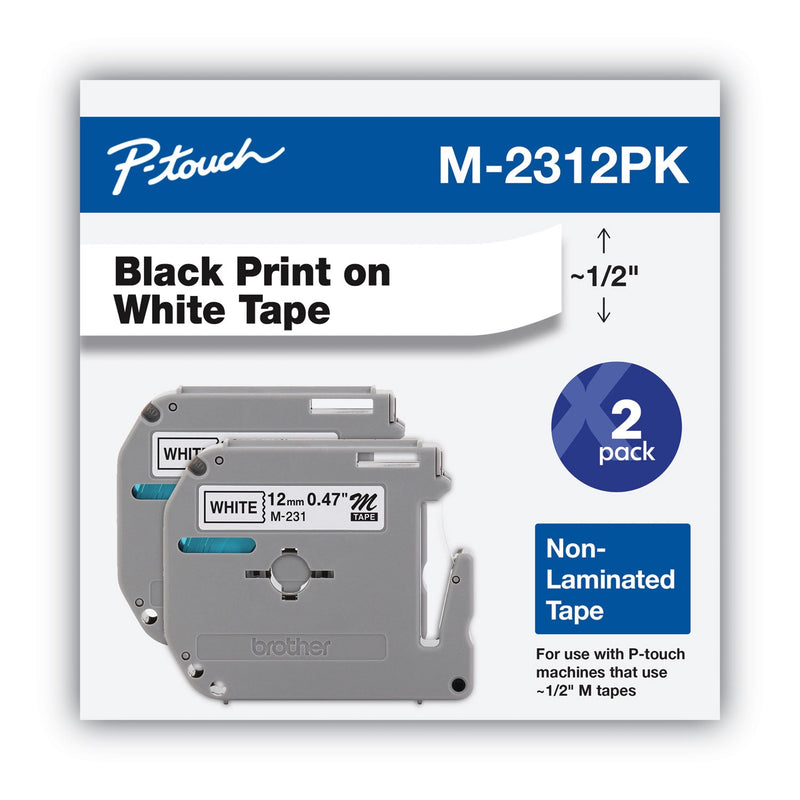 Brother M Series Tape Cartridges for P-Touch Labelers, 0.47" x 26.2 ft, Black on White, 2/Pack (BRTM2312PK)