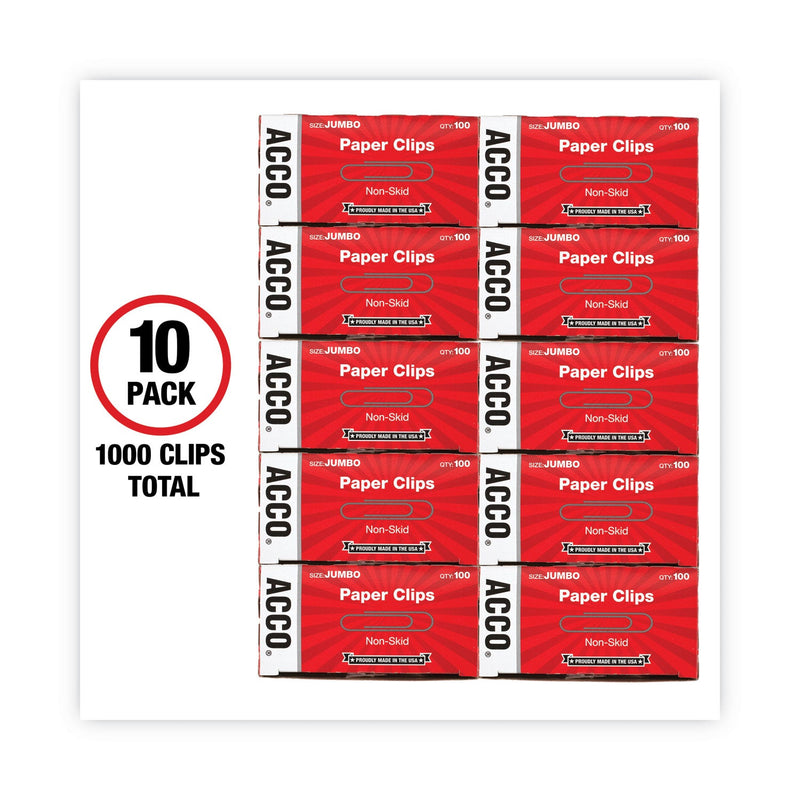 ACCO Paper Clips, Jumbo, Nonskid, Silver, 100 Clips/Box, 10 Boxes/Pack (ACC72585)