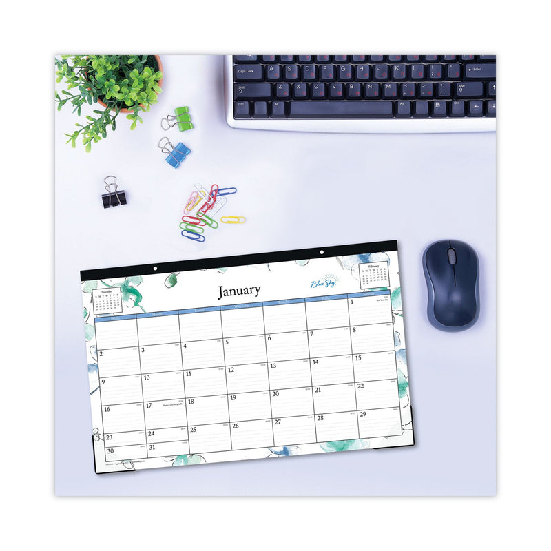 Blue Sky® Lindley Desk Pad, Floral Artwork, 17 x 11, White/Blue/Green Sheets, Black Binding, Clear Corners, 12-Month (Jan to Dec): 2025 (BLS100024)