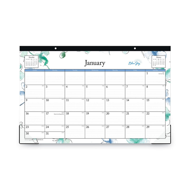 Blue Sky® Lindley Desk Pad, Floral Artwork, 17 x 11, White/Blue/Green Sheets, Black Binding, Clear Corners, 12-Month (Jan to Dec): 2025 (BLS100024)