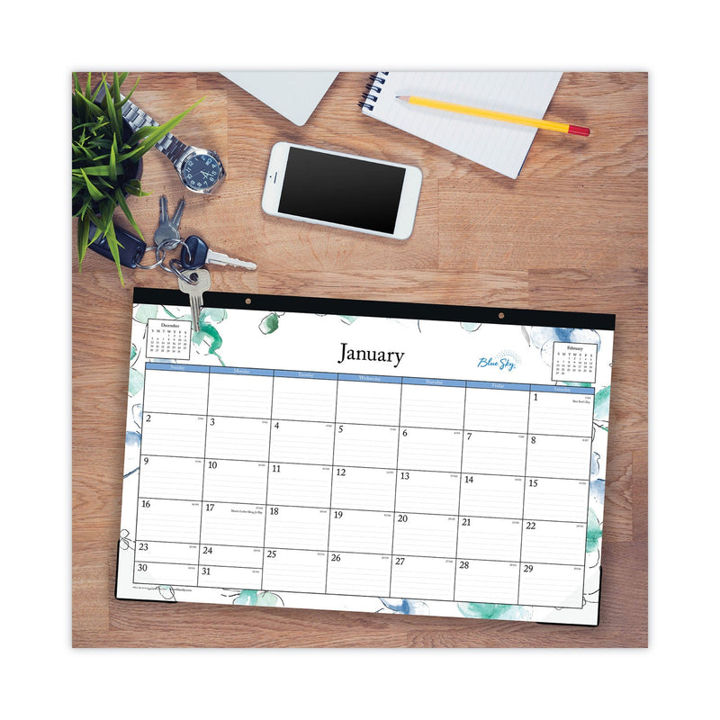 Blue Sky® Lindley Desk Pad, Floral Artwork, 17 x 11, White/Blue/Green Sheets, Black Binding, Clear Corners, 12-Month (Jan to Dec): 2025 (BLS100024)