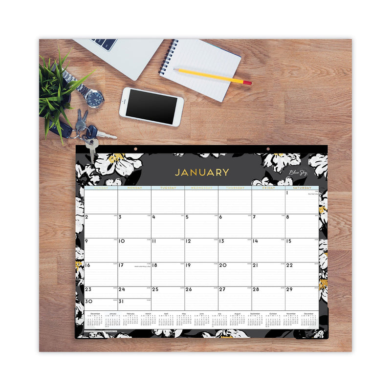 Blue Sky® Baccara Dark Desk Pad, Floral Artwork, 22 x 17, White/Black/Gold Sheets, Black Binding, 12-Month (Jan to Dec): 2025 (BLS110215)