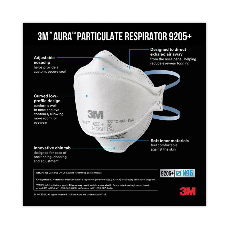 3M™ Aura Particulate Respirator 9205+, N95, One Size Fits All, 20/Pack (MMM9205PH20DC)